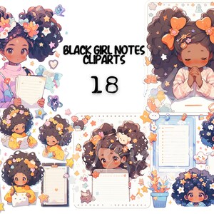 Clipart de notas de menina negra, PNG de notas de menina negra, clipart de notas, clipart de notas fofas, clipart de notas de menina negra Chibi, clipart de papel de nota