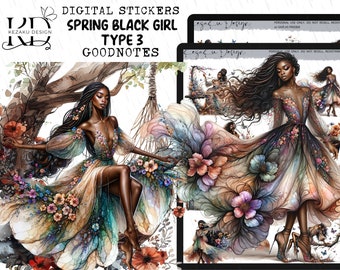 Digital Spring Black Girl Digital Stickers-T3, Black Girl Digital Stickers, Spring Digital Stickers, Black Girl Sticker Sets, Girl Goodnotes