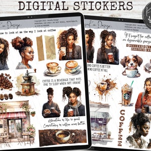 Coffee Digital Stickers, Coffee Goodnotes Stickers, Coffee Stickers, Black Girl Digital Stickers, Black Girl Goodnotes, Coffee Quote Sticker