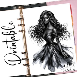PRINTABLE Beautiful Dress Black Girl Dashboard, Printable Planner Dashboard, Book Dashboard, A5 planner,  Dashboard Planner, Pocket Planner