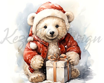 May include: A white teddy bear wearing a red coat and Santa hat holds a wrapped gift box with a gold ribbon. The bear is sitting in the snow.