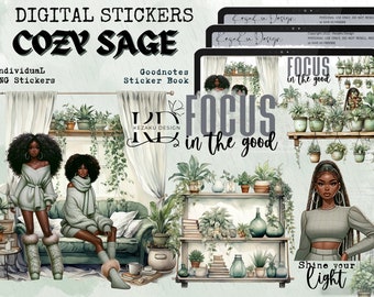 Cozy Sage Digital Stickers, Sage Black Girl Digital Stickers, Black Girl Quotes Goodnotes, Sage Black Girl Magic Goodnotes, Cozy Goodnotes