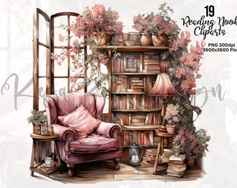 Reading Nook Clipart, Reading Book PNG, Book And Flower Cliparts, Book PNGs, Book Sublimation, Reading Cliparts, Watercolor Reading PNG