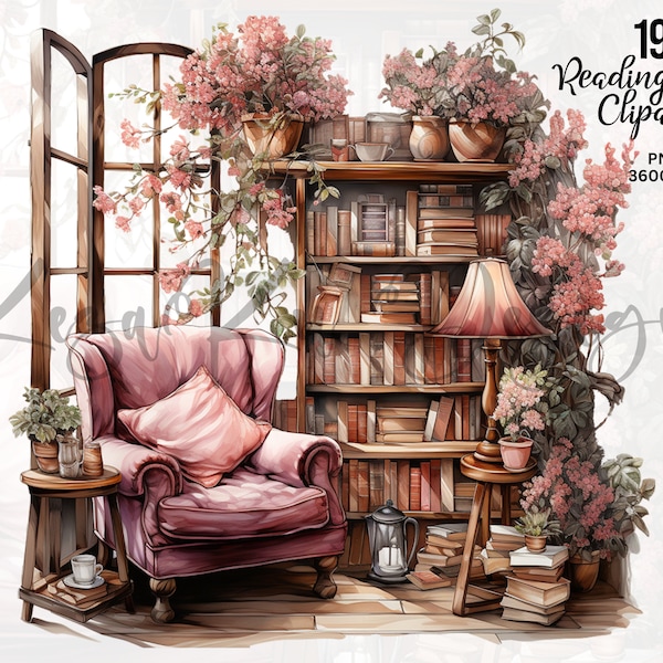 Reading Nook Clipart, Reading Book PNG, Book And Flower Cliparts, Book PNGs, Book Sublimation, Reading Cliparts, Watercolor Reading PNG