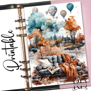 May include: A watercolor illustration of a cozy living room scene with a couch, a book, a cup of coffee, and a blanket. The scene is set in a forest with trees and a house in the background. Hot air balloons float in the sky above the clouds.