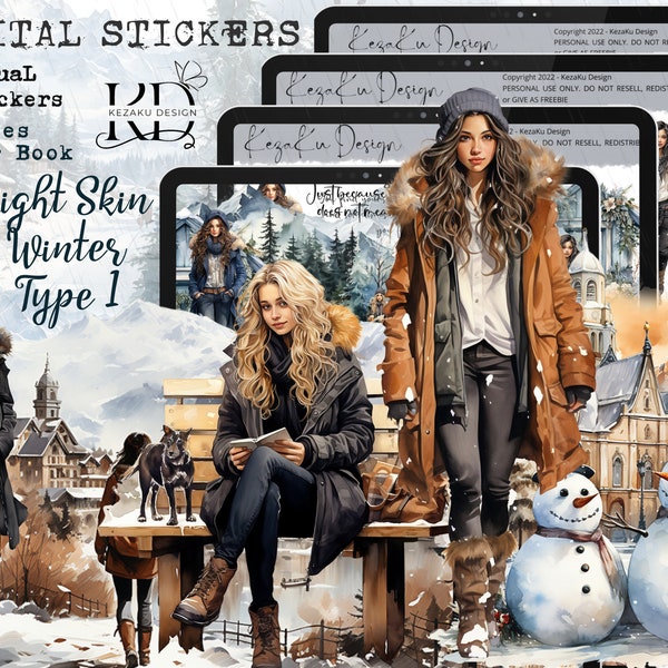 Light Skin Winter Stickers Type 1, Positive Winter Girl Stickers, Light Skin Winter Girl Goodnotes, Winter Digital Stickers, Light Skin Girl