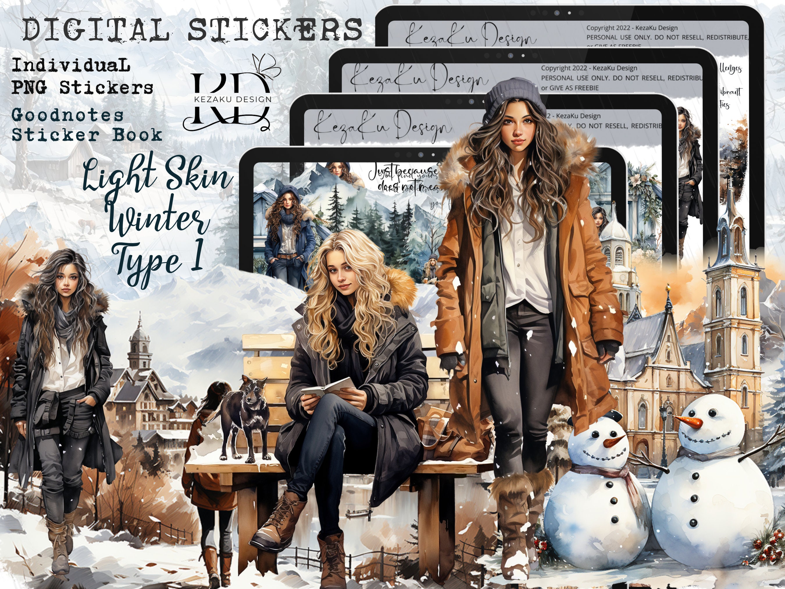 Light Skin Winter Stickers Type 1, Positive Winter Girl Stickers, Light Skin Winter Girl Goodnotes, Winter Digital Stickers, Light Skin Girl