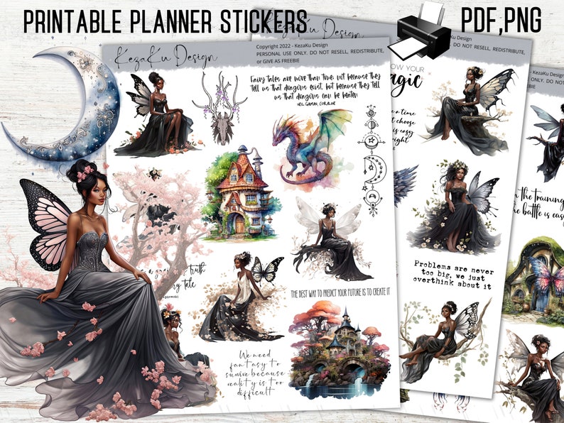 Fairy PRINTABLE Stickers, Black Fairy Printable Stickers, Black Girl Printable Stickers, Fantasy Printable Stickers, Magic Printable Sticker