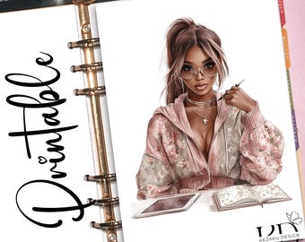 May include: Printable planner page featuring a digital illustration of a woman with brown hair wearing glasses and a pink floral jacket. She is sitting at a desk with a notebook and a tablet. The text "Printable" is written in black cursive on the left side of the page.