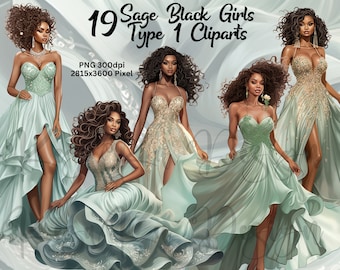 Op de afbeelding: Digitale illustratie van vier zwarte meisjes in saliegroene jurken met verschillende versieringen. De afbeelding is gelabeld met "19 Sage Black Girls Type 1 Cliparts" en "PNG 300dpi 2815x3600 Pixel".