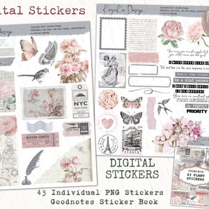 May include: A set of 43 digital stickers featuring vintage illustrations of flowers, butterflies, birds, and other elements. The stickers are designed for use in digital planners and notebooks. The stickers are in a vintage style with a muted color palette.