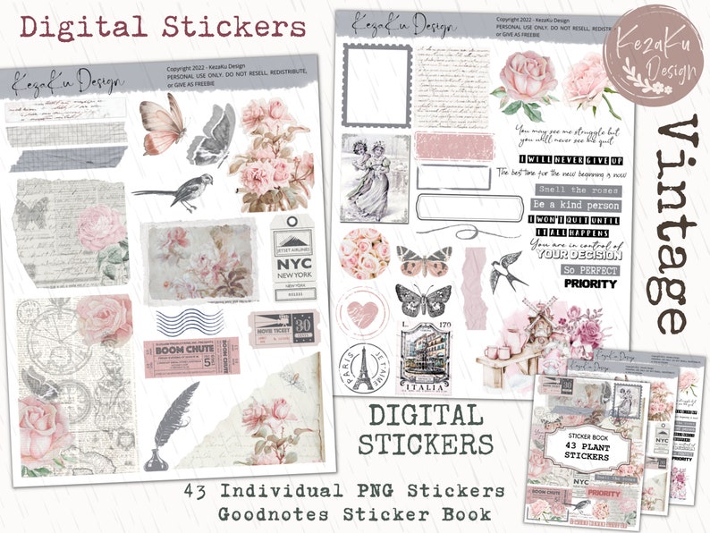 May include: A set of 43 digital stickers featuring vintage illustrations of flowers, butterflies, birds, and other elements. The stickers are designed for use in digital planners and notebooks. The stickers are in a vintage style with a muted color palette.