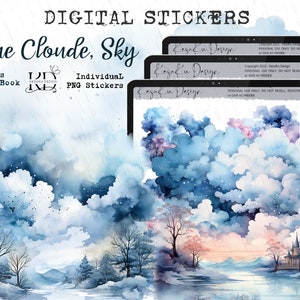 May include: Digital stickers featuring a watercolor illustration of a blue cloudy sky with a lake and a castle in the distance. The text "Blue Clouds, Sky" is at the top of the image. The text "Goodnotes Sticker Book" and "Individual PNG Stickers" is at the bottom of the image.