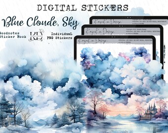 Adesivo digitale Cloude blu acquerello, adesivi digitali cielo acquerello, PNG Cloude, paesaggio cielo acquerello, Cloude Goodnotes
