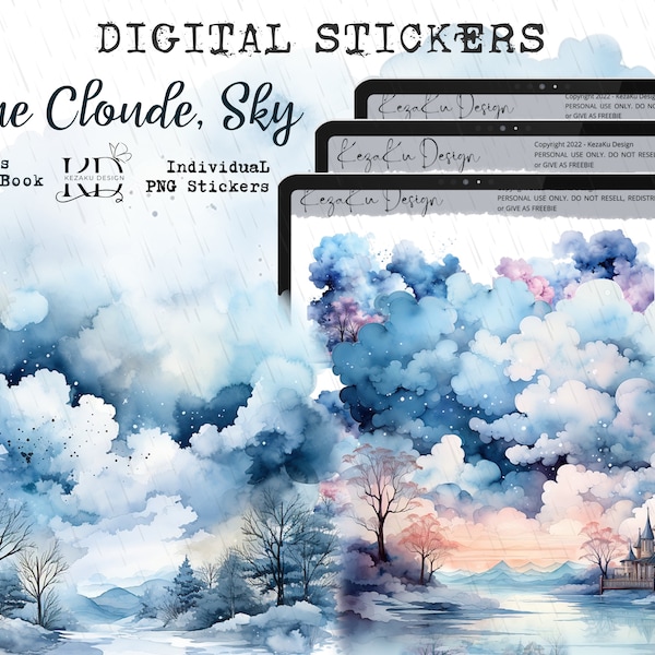 Watercolor Blue CloudeDigital Sticker, Watercolor Sky Digital Stickers, Cloude PNG, Watercolor Sky Landscape, Cloude Goodnotes