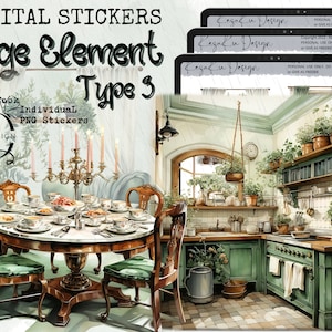 Peut inclure: Autocollants numériques représentant une illustration aquarelle d'une cuisine avec une table à manger dressée pour un repas. La cuisine comprend des armoires vertes, un poêle à bois et des étagères avec des plantes. La table à manger a un plateau en marbre et est entourée de quatre chaises. Le texte "Sage Element Type 3" est visible dans le coin supérieur gauche de l'image.