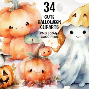 Watercolor Halloween Clipart, Cute Halloween Clipart, Halloween PNG, Watercolor Halloween, Chiby Halloween Clipart, Watercolor Halloween PNG