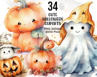 Watercolor Halloween Clipart, Cute Halloween Clipart, Halloween PNG, Watercolor Halloween, Chiby Halloween Clipart, Watercolor Halloween PNG