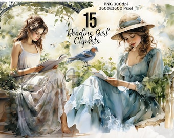 Reading Girl Clipart, Reading Woman Clipart, Watercolor Reading Girl, Reading Girl PNG, Reading Clipart, Book Clipart, Girl Reading Cliparts