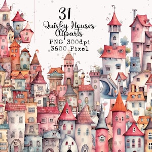 Quirky Houses Cliparts, Houses PNG, Watercolor Houses Cliparts, Quirky House Sticker, Cliparts, Cute Houses PNG, Watercolor Houses PNG