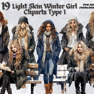 Op de afbeelding: Digitale illustratie van zes vrouwen met een lichte huid en lang haar die winterkleding dragen. De vrouwen staan en zitten op een bank in een besneeuwde omgeving. De vrouwen dragen jassen, sjaals, hoeden en jeans. Een vrouw houdt een boek vast, een andere een kop koffie en een andere een hond. De afbeelding is in een digitale schilder stijl.