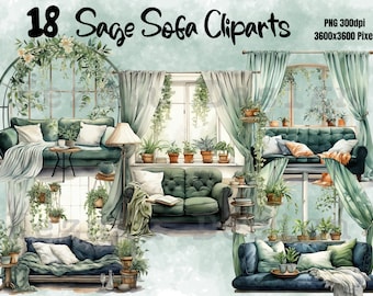 Sage Sofa Clipart, Sofa Clipart, Furnitures PNG, Sofa Images, Cozy Sofa PNG, Green Sofa Images, Sage Element PNG, Plants cliparts, Cute Sofa