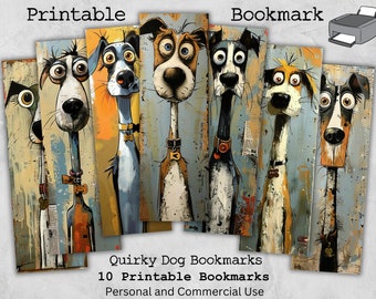 Printable Quirky Dog Bookmarks, 10 Quirky Dog Bookmark Sheets, PNG-JPG-PDF Bookmark Printables, Dog Lover Digital Bookmarks, Commercial