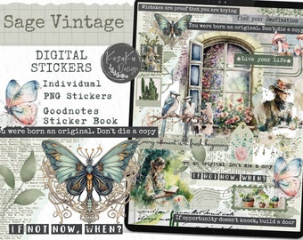 Vintage Digital Stickers, Green Sage Digital Stickers, Summer Digital Stickers, Goodnotes Digital Stickers, Vintage Stickers, Junk Stickers