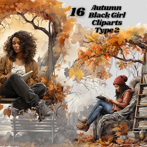 Autumn Black Girl Clipart Type 2, Autumn Reading Black Girl Clipart, Watercolor Autumn Black Girl, Autumn Clipart, Fall Clipart, Black Girl