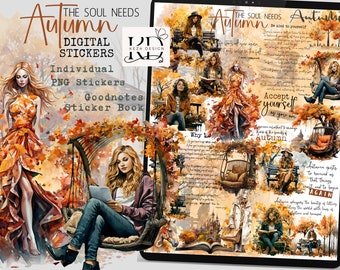 May include: Digital stickers featuring autumn-themed illustrations. The stickers include a woman in a dress made of leaves, a woman reading a book on a swing, and a woman sitting on a bench. The stickers are perfect for adding a touch of fall to your planner, journal, or scrapbook.
