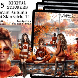 May include: A set of 65 digital stickers featuring vibrant autumn illustrations of girls with light skin tones. The stickers are designed for use in Goodnotes and include individual PNG stickers. The stickers feature a variety of autumnal colors and designs, including leaves, trees, and cityscapes. The text "Attitude is everything, so pick a good one" is featured on one of the stickers.