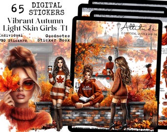 May include: A set of 65 digital stickers featuring vibrant autumn illustrations of girls with light skin tones. The stickers are designed for use in Goodnotes and include individual PNG stickers. The stickers feature a variety of autumnal colors and designs, including leaves, trees, and cityscapes. The text "Attitude is everything, so pick a good one" is featured on one of the stickers.