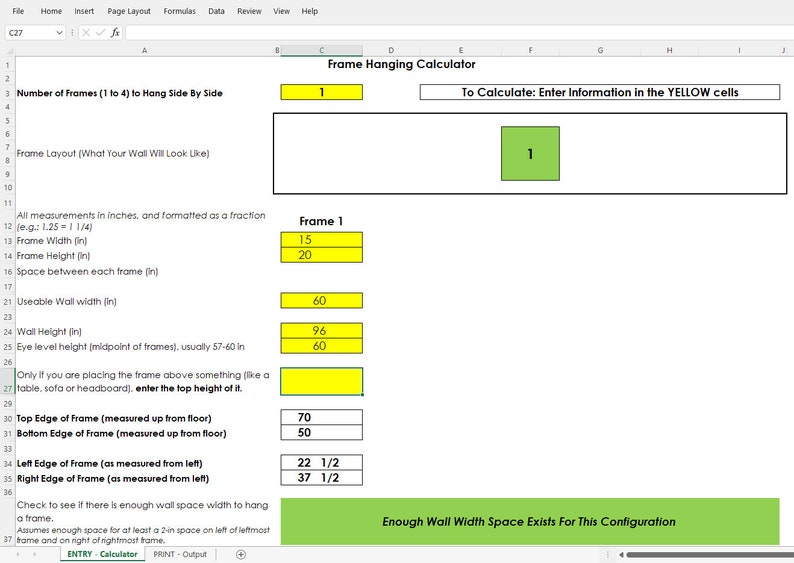 Picture Frame Hanging Calculator Spreadsheet Tool Etsy