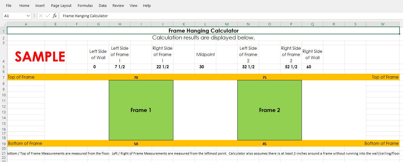 Picture Frame Hanging Calculator Spreadsheet Tool Etsy