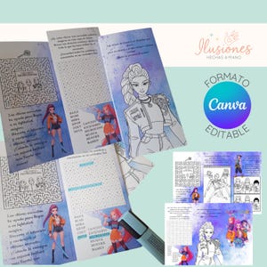 Op de afbeelding: Een activiteitengids van meerdere pagina's met illustraties en tekst in het Spaans. De pagina's bevatten doolhoven, woordzoekers en karaktertekeningen. Het boek bevat de tekst "Ilusiones Hechas a Mano" en "Formato Canva Editable". Een blauwe markeerstift is ook zichtbaar.