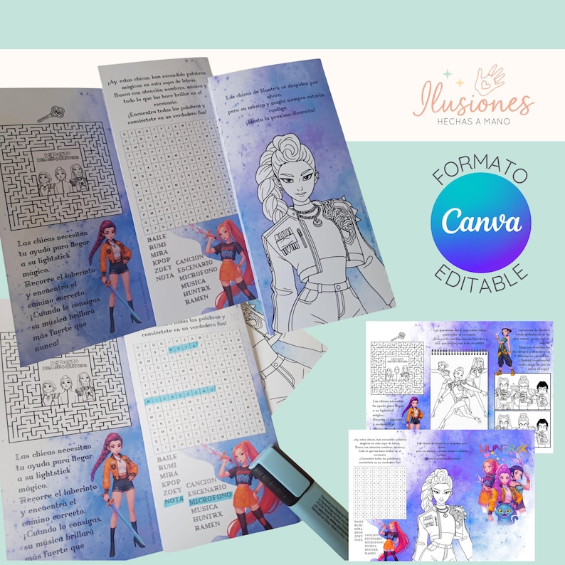 May include: A multi-page activity book with illustrations and text in Spanish. The pages feature mazes, word searches, and character drawings. The book includes the text "Ilusiones Hechas a Mano" and "Formato Canva Editable". A blue highlighter is also visible.