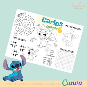 Puede incluir: Un mantel individual blanco con un personaje de dibujos animados y el texto "Carlos cumple 6". El mantel individual incluye un laberinto, tres en raya, une con números y sopa de letras. La parte inferior del mantel individual tiene el texto "PODRÁS EDITAR NOMBRE Y EDAD EN Canva".