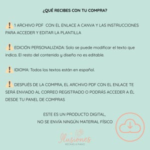 May include: A teal graphic with Spanish text detailing a digital product, including "&iquest;QU&Eacute; RECIBES CON TU COMPRA?". The image includes a logo with the text "Ilusiones HECHAS A MANO" and a cloud icon with a downward arrow, all on a teal background.
