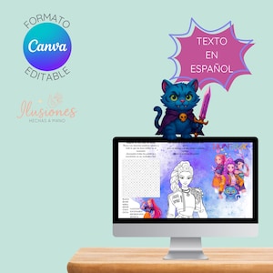 May include: A computer monitor shows a word search puzzle with anime-style character illustrations. A blue cartoon cat wearing a cape and holding a sword sits on top. Text in Spanish reads "TEXTO EN ESPA&Ntilde;OL". The Canva logo is visible.