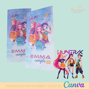 May include: Two light blue party favor bags with a cartoon illustration of anime-style girls and a blue cat. The bags have the text "HUNT" and "EMMA cumple 8". A separate graphic shows the text "HUNTRAX" and three anime girls.