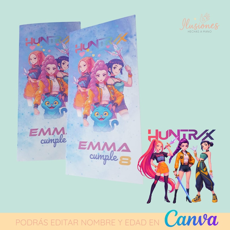 May include: Two light blue party favor bags with a cartoon illustration of anime-style girls and a blue cat. The bags have the text "HUNT" and "EMMA cumple 8". A separate graphic shows the text "HUNTRAX" and three anime girls.