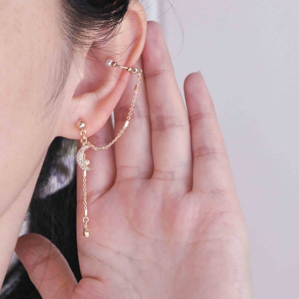 Ear Cuff Chain Earrings,Moon and Star Minimalist Earrings,Unique Earrings,Gift For Her