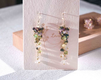 Multicolor Tourmaline Dangle Earrings,Citrine Earrings,Natural Crystal Earrings,Purplr,Yellow,Pink,Long  Earrings,Gift For Her