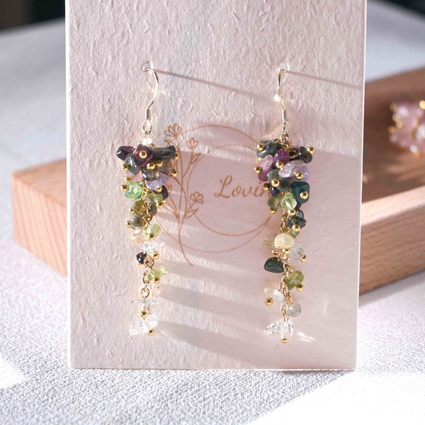 Multicolor Tourmaline Dangle Earrings,Citrine Earrings,Natural Crystal Earrings,Purplr,Yellow,Pink,Long  Earrings,Gift For Her