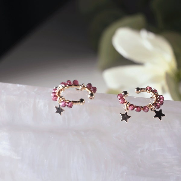 Star Natural Stone Ear Cuff,Black Spinel,Garnet Ear Cuff ,Ear Cuff No Piercing,Handmade Earrings ,Unique Earrings,Gift For Her