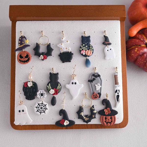 Boucles d'oreilles chat noir, boucles d'oreilles chaudron, boucles d'oreilles fantôme, boucles d'oreilles chauve-souris, boucles d'oreilles squelette, cadeau de boucles d'oreilles Halloween, boucles d'oreilles en argile noire