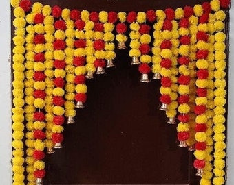 Diwali Marigold Door Latkan With Bell, Handmade Pompom String Garland, Traditional Indian Diwali Home Decor Garland Free shipping