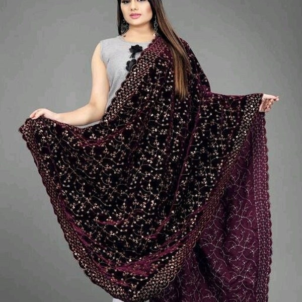 Braut Samt Dupatta / Schal, 4 Seiten schön bestickt schwere Party und Hochzeit tragen indische / pakistanische Geschenk Dupatta kostenloser Versand