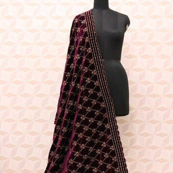 Velvet Dupatta and shawl,four sides beautifully embroidered heavy party and wedding wear Indian Pakistani bridal Dupatta gift  free shipping