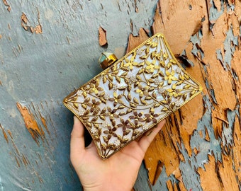 Gold Resin Clutch for Women, Indian Clutch with embellishments, Hand Clutch for wedding party gift and bridesmaid heavy stone work